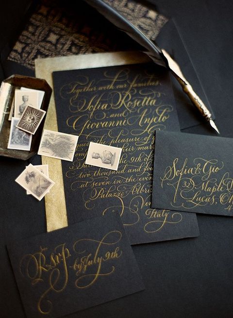 glam black and gold halloween invites