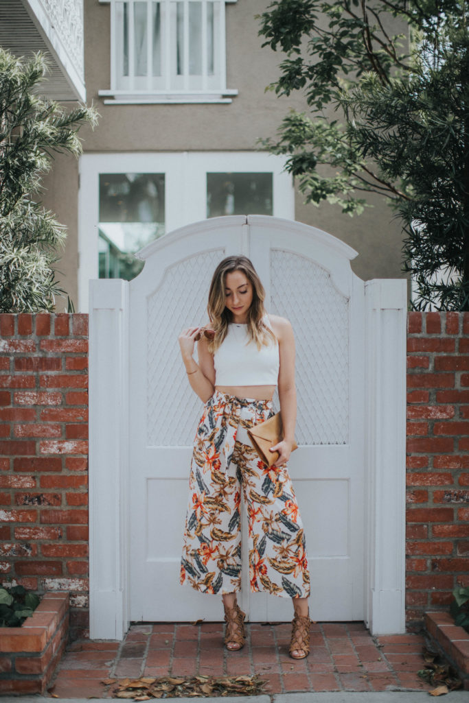 Tropical print culottes pants with white crop top