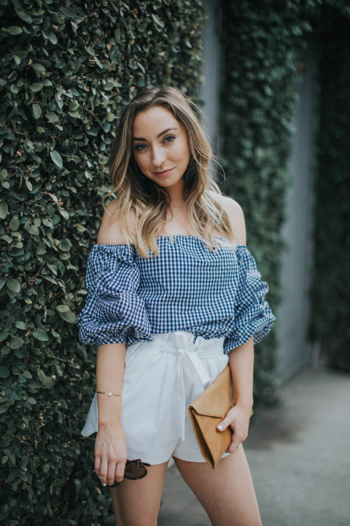 Gingham off the shoulder top with white shorts