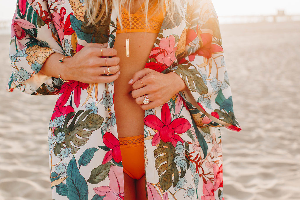 Summer outfit ideas, kimono beach cover up, stacked rings, layered necklaces
