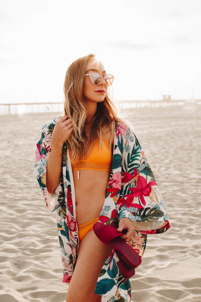 Beach day outfit ideas, swimsuit coverup, pink slides