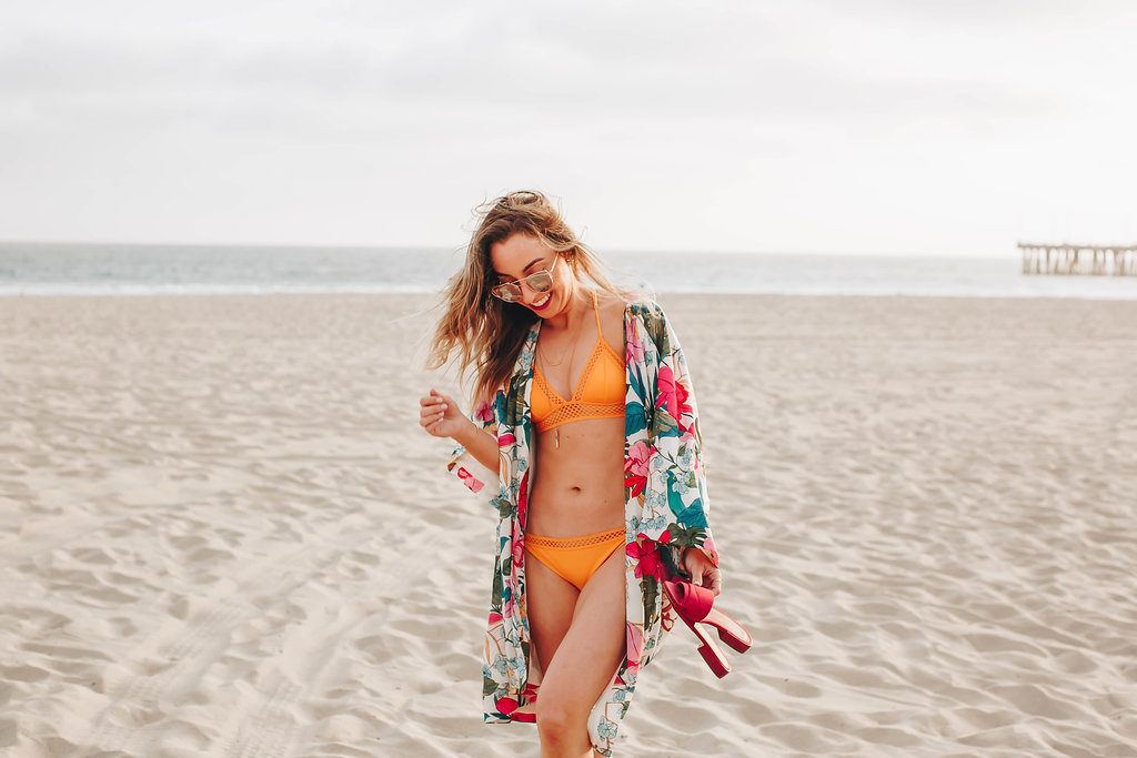Beach day outfit, floral kimono, orange bikini, pink slides