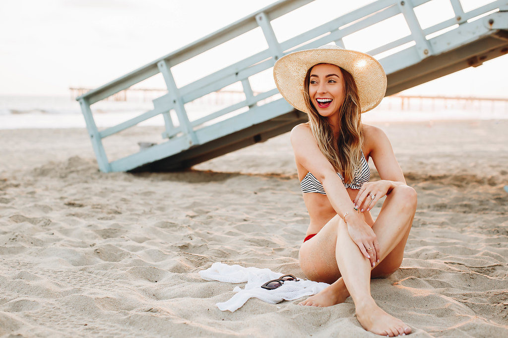Venice Beach striped bikini and wide brimmed hat