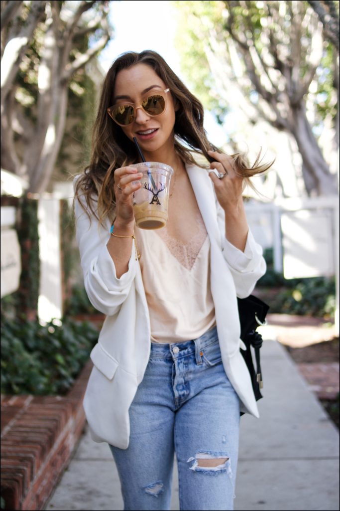 Spring outfit ideas, lace cami and white blazer with boyfriend jeans