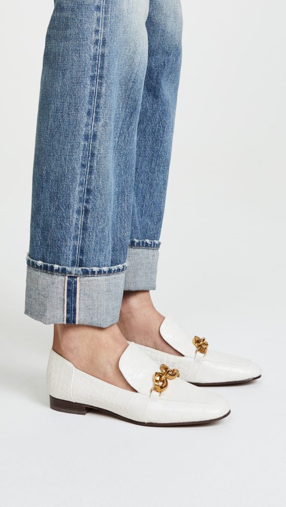 White croc loafers with gold horse head detail