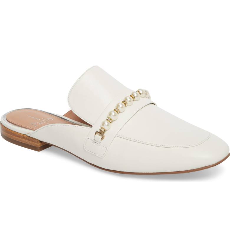 White leather mule with pearl strap detail